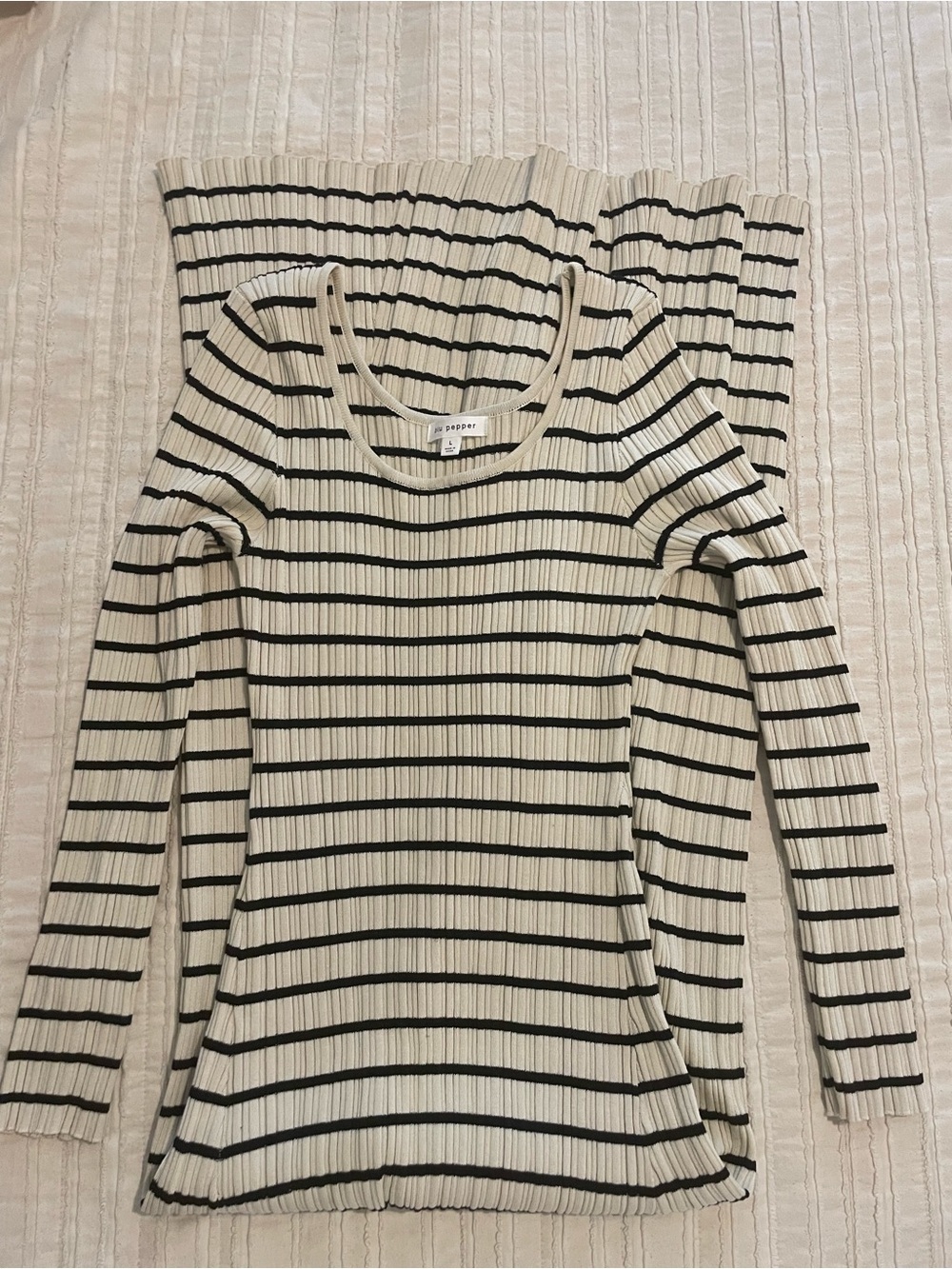 Pepper Striped Ribbed Long-Sleeve Top in Cream & Black